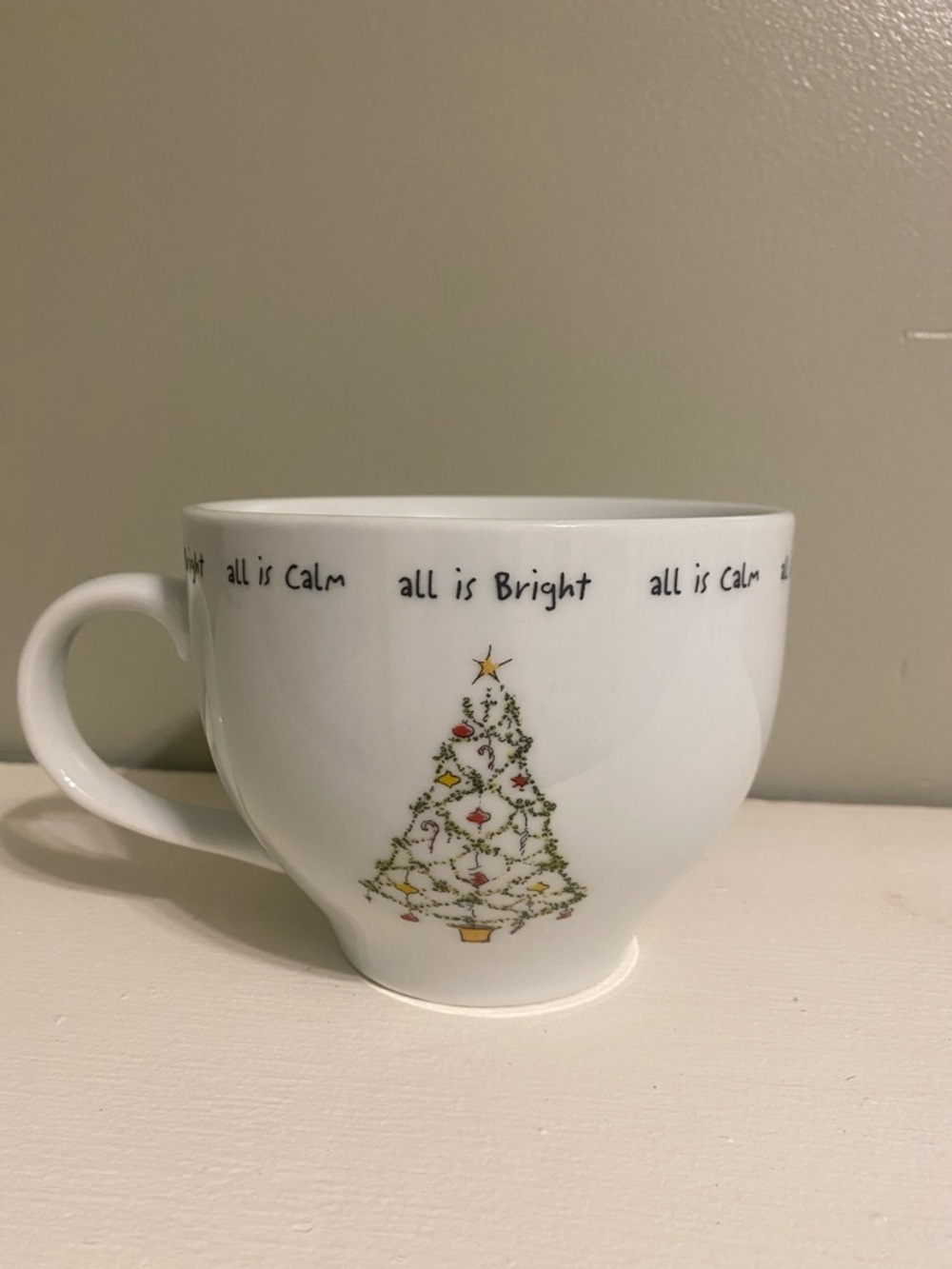 Pottery Barn White Holiday Tree Mug with Script